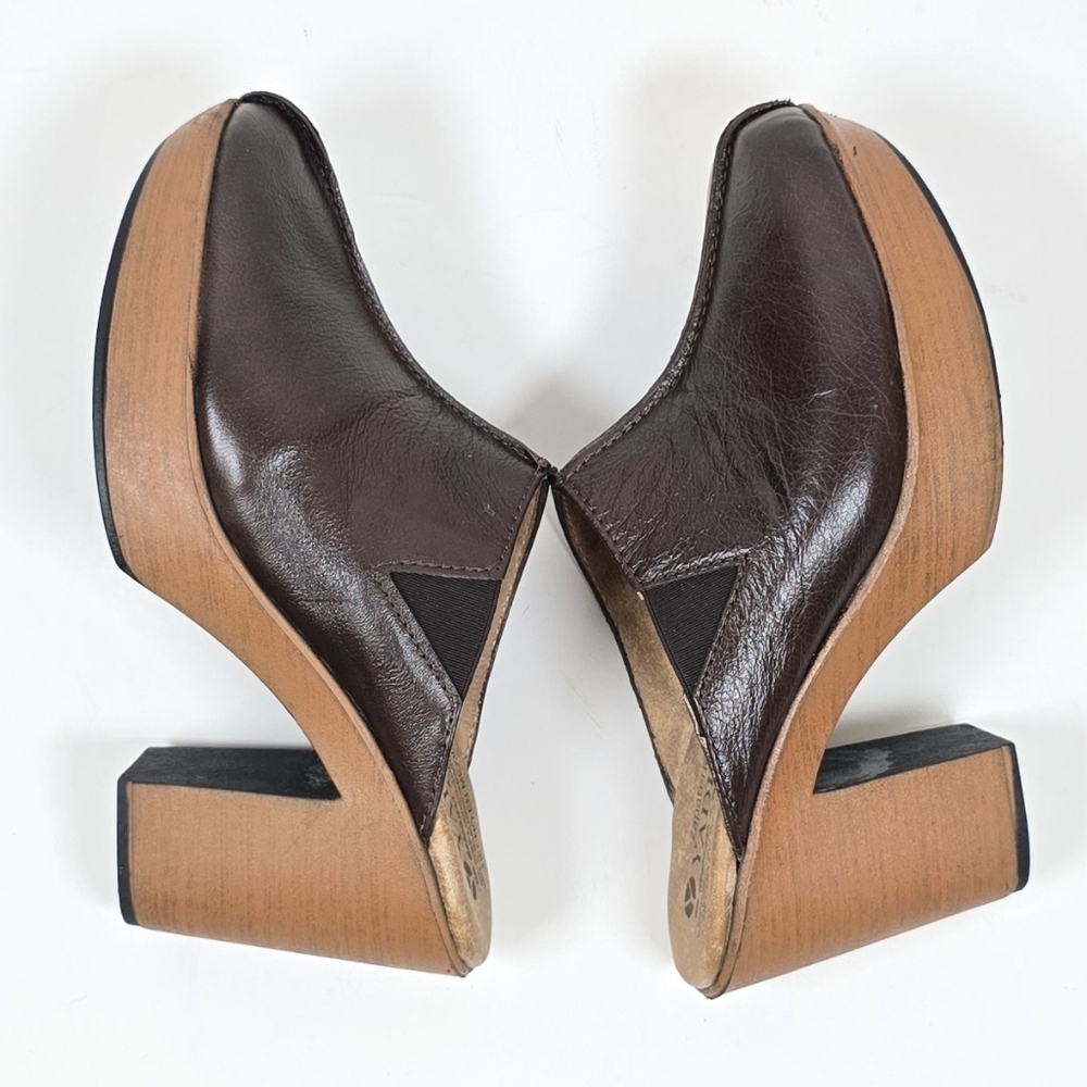 70s Retro Brown Sheepskin Leather Platform Clogs Mules Boho Retro Handmade Sz.6 - Picture 8 of 11